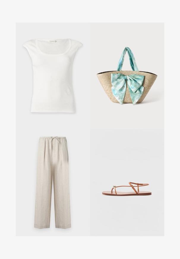 Haut blanc sans manches côtelé avec un col rond et de petites épaulettes, présenté sur un fond clair uni.; Pantalon en lin beige clair avec une coupe décontractée, équipé d'une taille à cordon de serrage et de plis sur les côtés pour plus de confort et de style.; Loeffler Randall LARA STRAPPY - Sandales tongs - timber; Sac cabas en paille tressée avec de larges anses en tissu tie-dye bleu clair et blanc et un grand nœud assorti en tissu à l'avant.