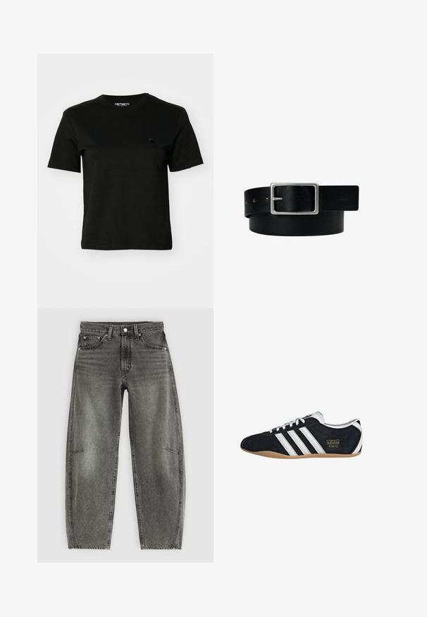 Camiseta negra de algodón. Manga corta y cuello redondo. Presenta un pequeño logo oscuro en el lado izquierdo del pecho. Diseño simple y clásico.; Jeans de mezclilla gris deslavado de cintura alta con cinco bolsillos, cierre de botón y un corte recto relajado.; Zapatillas de ante negro con tres franjas blancas, logotipo dorado y suela de goma marrón. Presentan un diseño de cordones de perfil bajo.; Cinturón de cuero negro con hebilla rectangular plateada y múltiples orificios de ajuste, colocado plano sobre un fondo blanco.