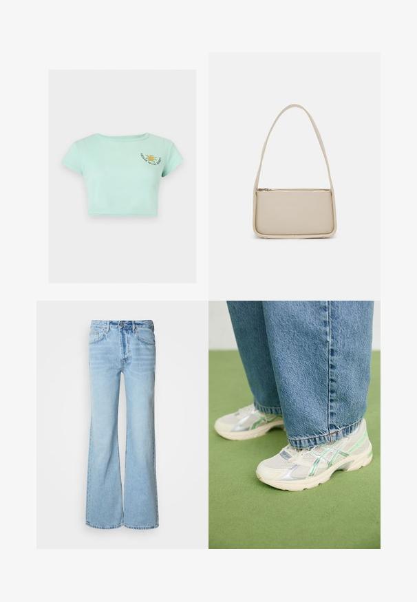Mintgroene geribbelde cropped T-shirt met korte mouwen en een kleine gele zon grafiek met tekst op de linker bovenborst.; Lichtblauwe spijkerbroek met uitlopende pijpen, gemaakt van denim, voorzien van een knoopsluiting aan de voorkant, vijf zakken en subtiele vervaging.; Witte en zilveren mesh sneakers met groene accenten, gedragen met losse blauwe jeans, staand op een groen tapijt.; Even&Odd by Zalando Handtas - off white