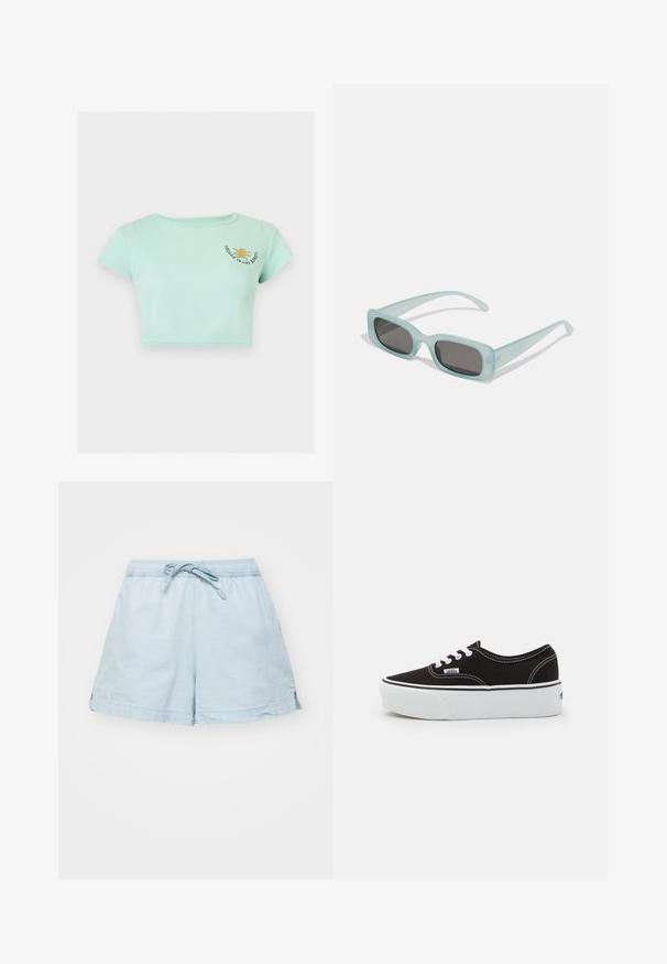 T-shirt court côtelé vert menthe avec manches courtes et un petit graphique de soleil jaune avec texte sur le haut gauche de la poitrine.; Shorts légers de couleur bleu clair avec une taille élastique et un cordon de serrage. Dotés de poches latérales et d'une coupe décontractée, fabriqués en tissu doux.; Baskets en toile noires avec une semelle en caoutchouc blanc, dotées de lacets et de coutures blanches, marquage emblématique sur le côté, design basse.; Une paire de lunettes de soleil rectangulaires avec des montures translucides bleu clair et des verres gris foncé, présentant des branches droites et des détails matériels minimaux.