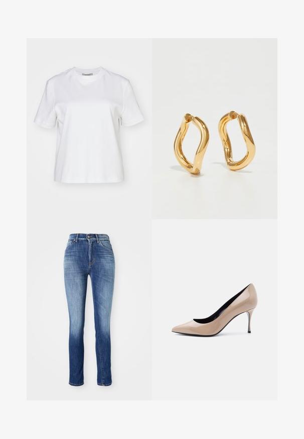 AllSaints LISA TEE - T-shirt basique - white; Jean skinny en denim bleu moyen, avec un effet délavé, un design à cinq poches, des passants de ceinture et une fermeture à bouton métallique.; Chaussure à talon haut pointu en cuir verni beige avec talon aiguille fin et doublure intérieure noire sur fond blanc.; Boucles d'oreilles en forme de cerceau de couleur dorée avec une forme courbée et irrégulière et une texture lisse et polie. Aucun matériel ou accent visible.