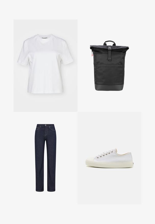 AllSaints LISA TEE - T-shirt basic - white; Donkerblauwe jeans met rechte pijpen, voorzakken, riemlussen en een knoopsluiting in de taille.; Canvas sneakers in het wit met een ronde neus, vetersluiting aan de voorkant en een crèmekleurige rubberen zool. Bevat metalen oogjes en gestikte details.; Zwarte roll-top rugzak met voorvak, gespsluiting, gevoerd handvat en het verzonken logo "JOOP! JEANS" aan de onderkant.