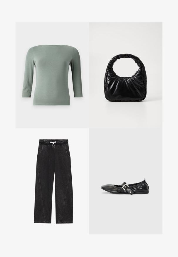Top ajustado de manga larga en verde menta, con un escote amplio y mangas de tres cuartos. Fabricado con una tela lisa y elástica con costuras mínimas.; Pantalones anchos y negros hechos de una tela texturizada. Presentan una cinturilla elástica con un cordón blanco y bolsillos frontales con costuras diagonales.; Zapato plano de piel negra con puntera afilada, detalle fruncido alrededor de la abertura y un acento de hebilla plateada en la correa ajustable.; Bolso negro acolchado con un asa redondeada, que presenta una superficie lisa y brillante y una textura suave y acolchada. Sin herrajes ni acentos visibles.