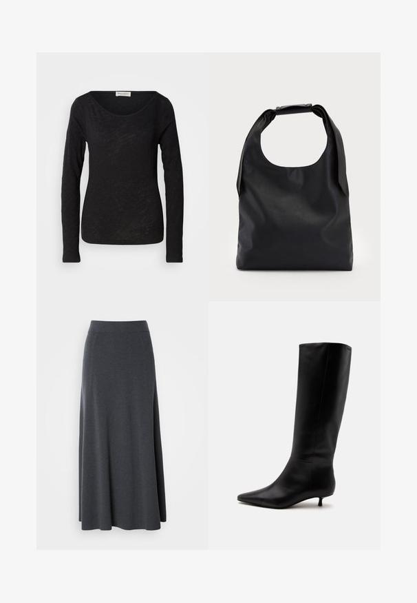 Blusa negra de manga larga hecha de una tela ligera y texturizada. Presenta un escote en forma de scoop y una silueta ajustada con un detalle mínimo.; Larga falda maxi de color gris oscuro, hecha de tela suave y elástica. Presenta una cintura alta y un diseño fluido, con costuras laterales sutiles para darle forma.; Bota alta de cuero negro hasta la rodilla con puntera puntiaguda y tacón bajo tipo kitten sobre un fondo claro y liso.; Bolso de mano de cuero negro con una gran abertura superior y una sola correa para el hombro. Textura suave, diseño minimalista, con detalles sutiles de herrajes.