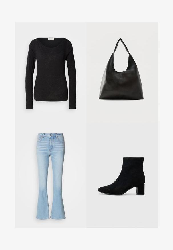 Zwarte lange mouw top gemaakt van een lichtgewicht, gestructureerde stof. Heeft een ronde halslijn en een aangesloten silhouet met minimale details.; Lichtblauwe flared jeans van denim met een hoge taille, voorzien van subtiele vervaging en een standaard ritsluiting.; Zwarte suede enkellaarsjes met een spitse neus en een lage blokhak, met een gladde textuur en een minimalistisch ontwerp.; Zwarte schoudertas van glad leer met een brede, enkele band en een nonchalant, minimalistisch ontwerp tegen een effen achtergrond.
