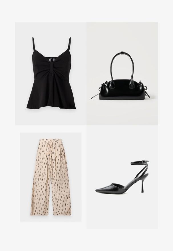 Haut noir sans manches avec un décolleté en V, une devant plissé et un ourlet évasé. Fabriqué dans un tissu lisse et extensible avec des bretelles fines réglables.; Pantalon beige à jambes larges avec imprimé géométrique noir, taille élastique et cordon de serrage à l'avant avec embouts dorés.; Escarpin noir à bout pointu avec fines brides de cheville et fermeture à boucle argentée sur fond clair uni.; Petit sac à main noir brillant avec deux longues anses et des détails à cordon sur les côtés sur un fond clair uni.