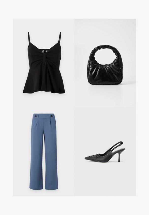 Haut noir sans manches avec un décolleté en V, une devant plissé et un ourlet évasé. Fabriqué dans un tissu lisse et extensible avec des bretelles fines réglables.; Pantalons larges bleus en tissu lisse, avec une taille plate, deux plis et deux boutons noirs à la taille.; Escarpin en cuir noir à talon aiguille avec un bout pointu, une bride latérale à boucle, des clous le long du bord et un laçage décoratif à l'avant.; Sac à main noir rembourré avec une poignée arrondie, présentant une surface lisse et brillante ainsi qu'une texture douce et matelassée. Pas de quincaillerie ou d'accents visibles.