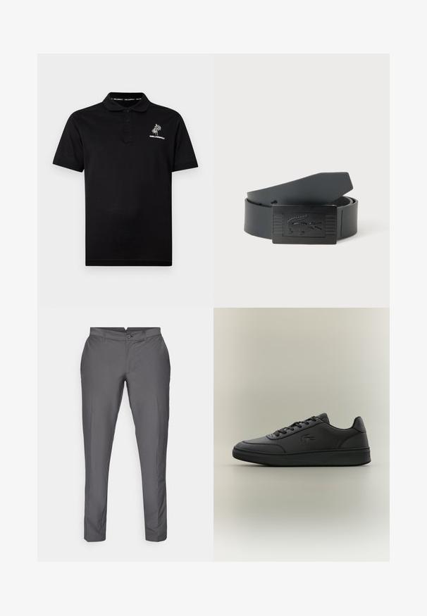 Schwarzes Polohemd mit kurzen Ärmeln, drei Knöpfen, weißem Palmenlogo und dem Schriftzug "KARL LAGERFELD" auf der linken Brust.; Grau gefärbte Hose aus glattem Stoff. Sie zeichnet sich durch eine maßgeschneiderte Passform mit flachem Frontbereich, Gürtelschlaufen und einem Knopfverschluss aus. Klassisches Design.; Schwarze Sneakers aus glattem synthetischem Material, mit einem low-top Design, runder Zehenpartie, Schnürung an der Vorderseite, geprägtem Logo und strukturiertem Sohlen.; Schwarzer Ledergürtel, aufgerollt mit rechteckiger Schnalle, geprägt mit einem Krokodil-Logo auf schlichtem hellem Hintergrund.
