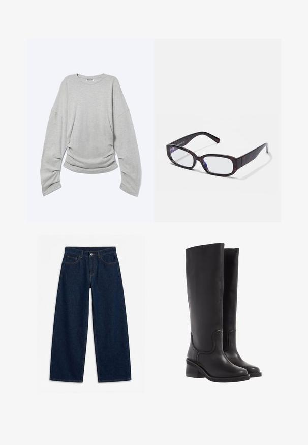 Lichtgrijs shirt met lange mouwen en ronde hals, ontspannen pasvorm en lichte plooitjes aan de onderzoom, met label "Weekday" aan de binnenkant van de kraag.; Donkerblauwe wijde denim jeans met knoopsluiting aan de voorkant en rits, lussen voor een riem en vijf zakken, plat gelegd op een witte achtergrond.; Zwarte leren kniehoge laarzen met een soepele textuur, ronde neus en een chunkyer heel. Heeft subtiele stiksels en een gestroomlijnd ontwerp.; Bruine schildpadvormige rechthoekige bril met heldere glazen en slanke poten, met een gladde textuur en een minimalistisch ontwerp.