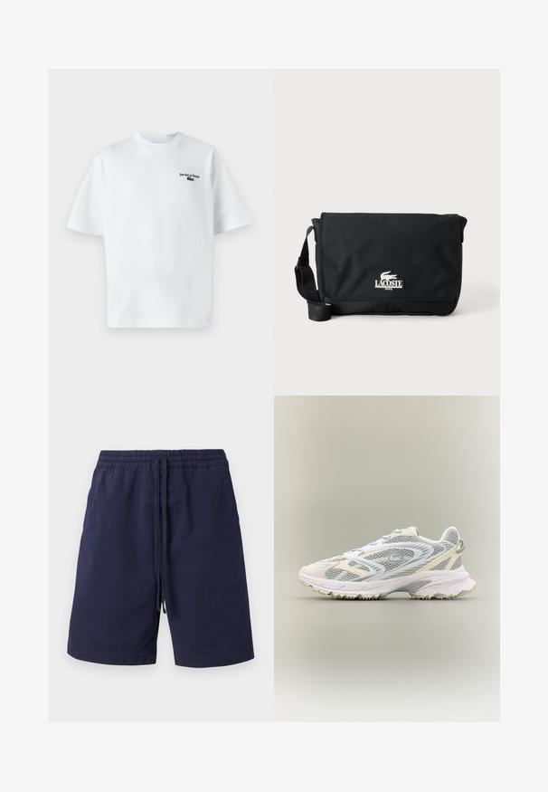 T-shirt en coton blanc à manches courtes, avec le texte "Jeu Set et Match" et un petit logo vert sur la poitrine gauche. Coupe classique.; Shorts bleu marine en coton, avec une taille élastique et un cordon de serrage, des poches latérales et une coupe droite. Pas de motifs.; Chaussure de sport blanche avec des panneaux en mesh gris, des superpositions texturées, un col rembourré et une semelle en caoutchouc dotée de petites pointes de traction.; Sac messager noir Lacoste avec rabat avant et bandoulière réglable, avec logo crocodile blanc et texte "Lacoste Paris".