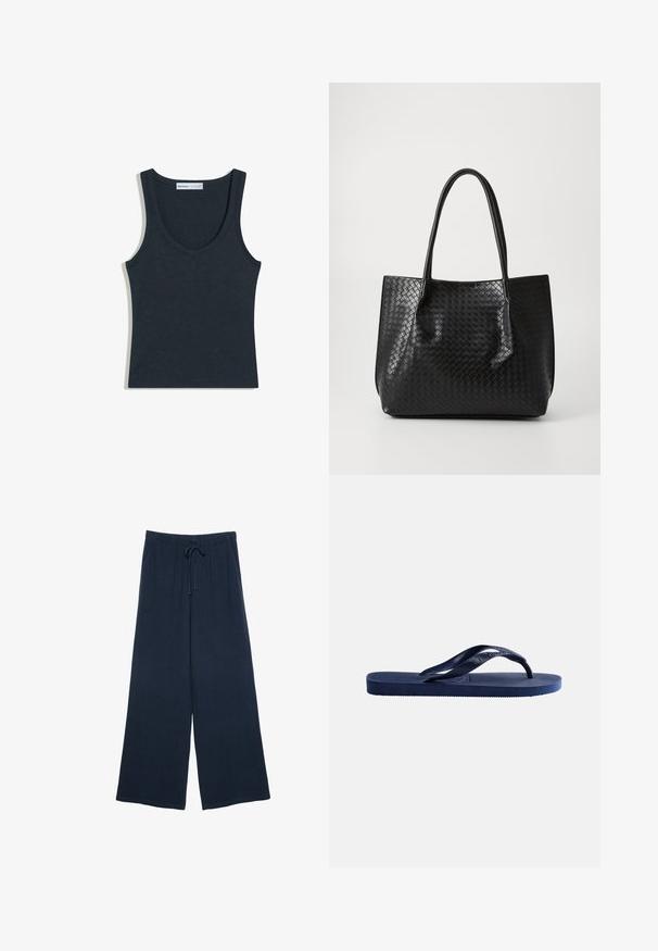 Sort ribbet ærmeløs tanktop med V-hals, mærket Bershka, lagt fladt på en hvid baggrund.; Marineblå brede bukser lavet af blødt stof med elastisk talje og snøre, med en glat overflade og uden synlige mønstre.; Mørkeblå gummiflipflop med tekstureret sål og en Y-formet strop på en ensfarvet lys baggrund.; Sort vævet læder tote bag med to håndtag, struktureret form og subtil glansfinish på en ensfarvet lys baggrund.