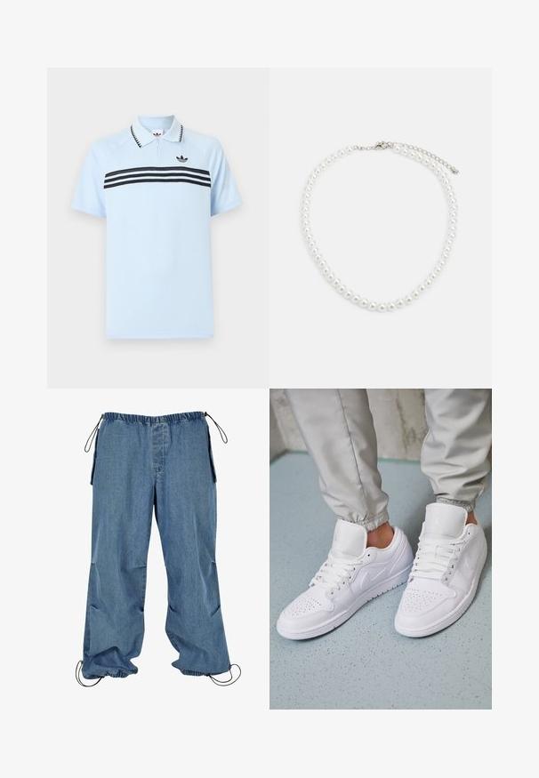 Polo azul claro de tela texturizada con franjas negras de acento y un logo negro en el pecho. Presenta un diseño con cuello de solapa.; Pantalones de mezclilla azul claro con cintura elástica, puños con cordón y bolsillos laterales. La tela parece suave con una textura ligeramente descolorida.; Las zapatillas deportivas de cuero blanco cuentan con una caja de dedos perforada, cordones planos, un cuello acolchado y el logo de Jordan en la lengüeta. Las llevan puestas con pantalones joggers grises.; Collar de perlas blancas con forma redonda uniforme, superficie suave y cierre de metal con cadena de extensión para longitud ajustable.