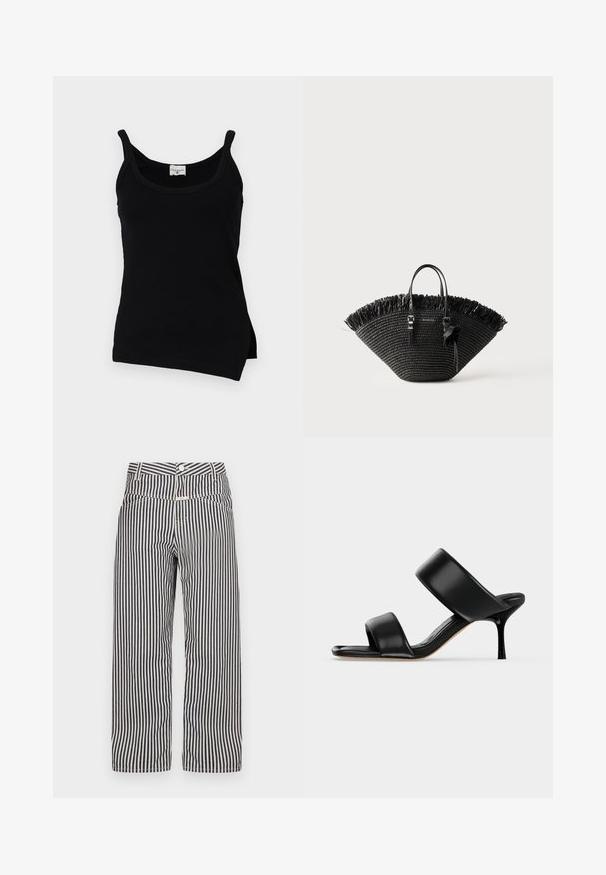 Sort ribbet tanktop med tynde stropper, buet kant og sideslidser. Stoffet virker glat med en let stræk. Mærkets label er synlig ved halsudskæringen.; Bredde ben bukser med striber i navy og hvid. Har en knaplukning, frontlommer og et glat, let stof.; Sort læder mule sandal med to brede remme og en slank mellemhøj stiletthæl på en ensartet lys baggrund.; Sort vævet tote-taske med bred blæserform, frynset øverste kant, to håndtag og en dekorativ sløjfe på det ene håndtag.