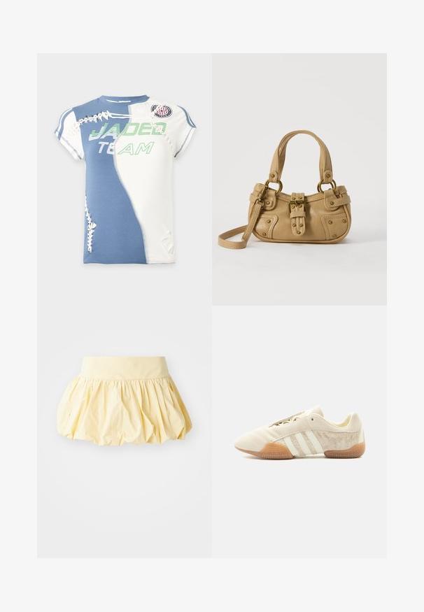 Chemise à manches courtes avec panneaux bleus et blancs, texte vert "JADED TEAM," et détails décoratifs blancs à lacets sur le devant et les manches.; Jupe en coton jaune avec un design volumineux et froncé, dotée d'une large ceinture. Sa texture lisse et son tissu léger lui confèrent une allure décontractée.; Baskets beige profil bas avec trois bandes blanches, panneaux latéraux en suède texturé, semelle en gomme et fermeture à lacets sur fond uni.; Sac à main en cuir beige avec double poignées, boucle en laiton et détails rivetés, ainsi qu'une bandoulière réglable sur fond blanc.