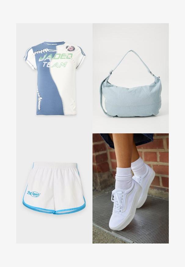 Chemise à manches courtes avec panneaux bleus et blancs, texte vert "JADED TEAM," et détails décoratifs blancs à lacets sur le devant et les manches.; Pal Sporting Goods LEAGUE WOMENS - Short - marshmallow/blue; Baskets en toile blanches avec semelles en caoutchouc, dotées de six œillets, d'un bout rond et de détails de couture légers, portées avec des chaussettes blanches mi-mollet.; Sac à dos en denim bleu clair de forme arrondie, avec une bandoulière ajustable et un subtil détail de couture le long du bas. Texture douce.