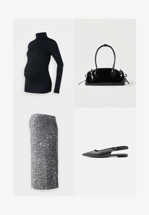 Sort langærmet turtleneck top i strækbart stof, designet til at rumme en gravid mave, med detaljeret side ruching.; Sølvfarvet palietkjole med figurformet snit, glat tekstur og en gradientmønster fra mørkegrå til lysegrå, kort i kanten.; Sort læder flad slingbacksko med spids tå, lav hæl og justerbar rem på lys baggrund.; Lille sort blank håndtaske med to lange håndtag og snøre-detaljer i siden på en ensfarvet lys baggrund.
