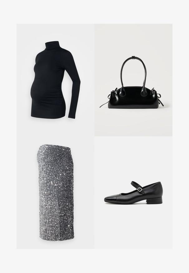Haut à manches longues noir à col roulé en tissu extensible, conçu pour accueillir un ventre de femme enceinte, avec des détails de fronces sur les côtés.; Robe à sequins argentés avec une coupe ajustée, texture lisse et un motif dégradé du gris foncé au gris clair, courte à l'ourlet.; Chaussures Mary Jane en cuir noir avec un embout en vernis, une sangle cheville réglable et un petit talon carré. Texture lisse et design élégant.; Petit sac à main noir brillant avec deux longues anses et des détails à cordon sur les côtés sur un fond clair uni.
