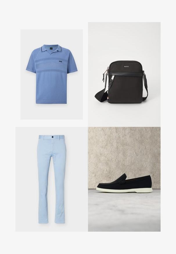 Hellblaues kurzärmeliges Strick-Poloshirt mit strukturierten horizontalen Streifen, geripptem Kragen und Saum sowie kleinem schwarzem "BOSS"-Logo auf der Brust.; Hellblaue, eng anliegende Hose mit Knöpfen vorne und Gürtelschlaufen, vor weißem Hintergrund präsentiert.; Schwarzer Slipper mit runder Zehenpartie, präsentiert sich mit einem strukturierten Obermaterial, glatter weißer Sohle und einem dezenten Branding-Detail an der Seite.; Schwarze Umhängetasche aus strukturiertem Stoff, mit Logo auf der Vorderseite, Reißverschluss und verstellbarem Tragegurt. Verfügt über eine glatte Lederbesatz.