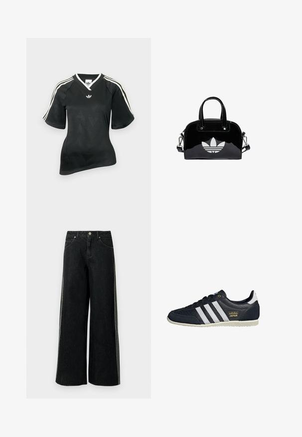 Schwarzes Sportshirt mit V-Ausschnitt, kurzen Ärmeln und strukturiertem Chevron-Muster. Mit weißen drei-Streifen-Akzenten auf den Schultern und Logo.; Schwarze Denim-Jeans mit weitem Bein, seitlichen Streifen, vorderen Taschen, Gürtelschlaufen und einem Metallknopfverschluss an der Taille.; Schwarze Leder-Sneaker mit drei weißen Streifen, strukturierter Oberfläche, goldenem "adidas JAPAN"-Logo und einer gummierten Sohle mit Grip-Muster.; Schwarze Handtasche aus Lackleder mit abgerundeter Form, doppelten Tragegriffen, silbernen Akzenten und einem auffälligen weißen Logo auf der Vorderseite.