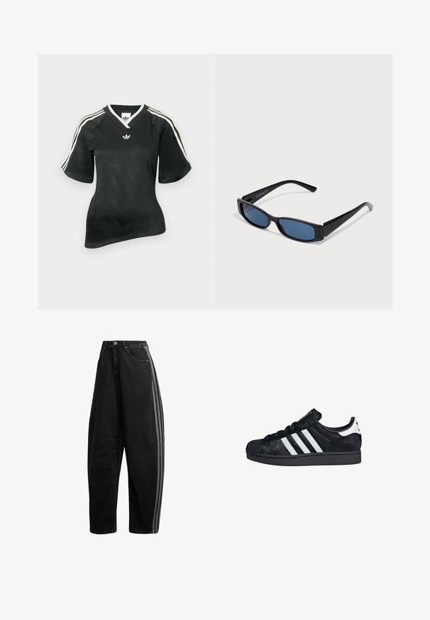 Camiseta deportiva negra con escote en V, mangas cortas y patrón de cheurón texturizado. Presenta detalles de tres franjas blancas en los hombros y logo.; Vaqueros negros de pierna ancha con cintura alta, cierre de botón y cremallera, bolsillos delanteros y dos rayas grises que recorren las costuras laterales exteriores.; adidas Originals SUPERSTAR II W - Zapatillas - core black cloud white core black; Gafas de sol negras con una elegante montura rectangular y lentes azules. Presentan una textura suave y varillas resistentes. Logo de la marca en el costado.