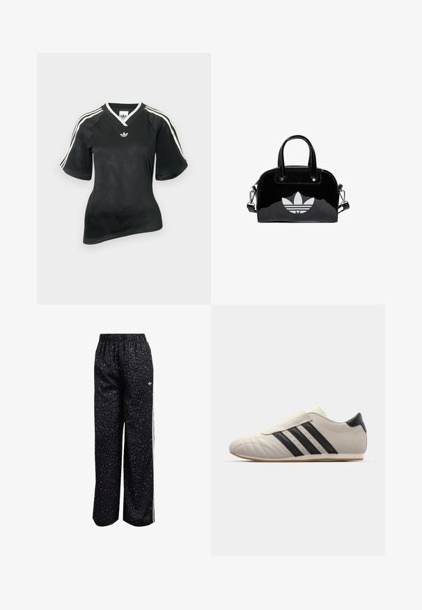 Schwarzes Sportshirt mit V-Ausschnitt, kurzen Ärmeln und strukturiertem Chevron-Muster. Mit weißen drei-Streifen-Akzenten auf den Schultern und Logo.; Schwarze Sporthose mit Leopardenmuster, elastischem Bund und weißen Seitenstreifen. Gefertigt aus glattem, leichtem Material.; Hellgraue Sneaker mit schwarzen Streifen, abgerundetem Zehenbereich, glattem Lederoberteil, einem Klettverschluss und einer Gummisohle.; Schwarze Handtasche aus Lackleder mit abgerundeter Form, doppelten Tragegriffen, silbernen Akzenten und einem auffälligen weißen Logo auf der Vorderseite.