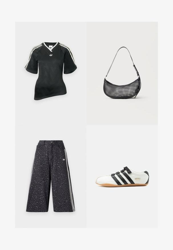 Mustast spordipluusist T-särk V-kaelusega, lühikeste varrukatega ja tekstuurse chevron-mustriga. Õlgadel valged kolme triibu aktsendid ja logo.; Mustad denim culotte'd, millede leopardimustriga, valgete külgtriipude ja väikese logoga ees. Tavaline talje nupu sulgemisega.; Valge Adidas Tokyo tennari mustade triipude, mustade takjakinnitustega ja kummist tallaga, näidatud küljelt valgel taustal.; Väike must võrkmaterjalist õlakott poolkuu kujuga ja reguleeritava õhukese rihmaga, ühtlase hele taustaga.