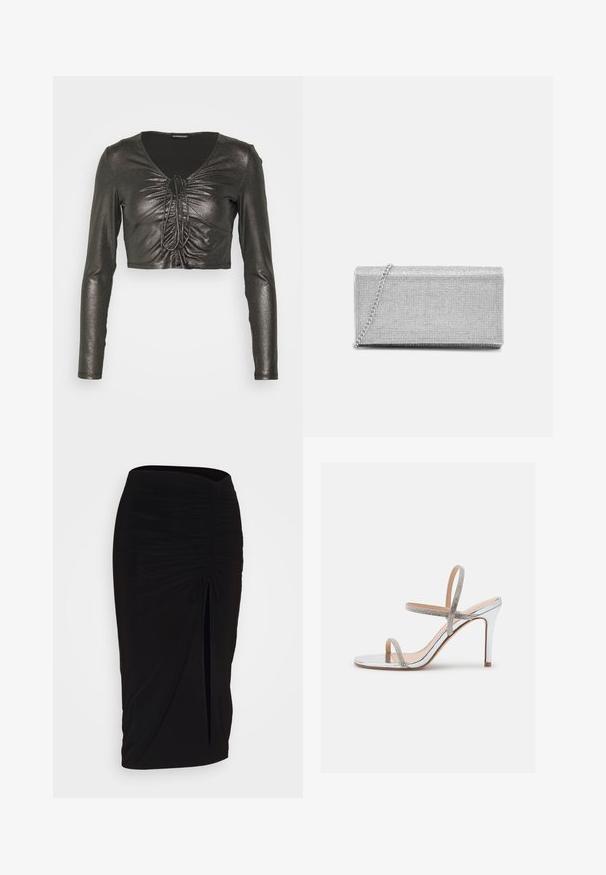 Even&Odd Petite Top s dlhým rukávom - black/silver; Čierna, riasená ceruzková sukňa s viazaním a bočným rozparkom. Vyrobená z elastického materiálu, s hladkou textúrou a priliehavým dizajnom.; Madden Girl WISE - Sandále na vysokom opätku - silver; Strieborná metalická kabelka so tkaným sieťovým dizajnom, obdĺžnikového tvaru, s reťazovou rukoväťou na nosenie. Hladký povrch a lesklý finiš.