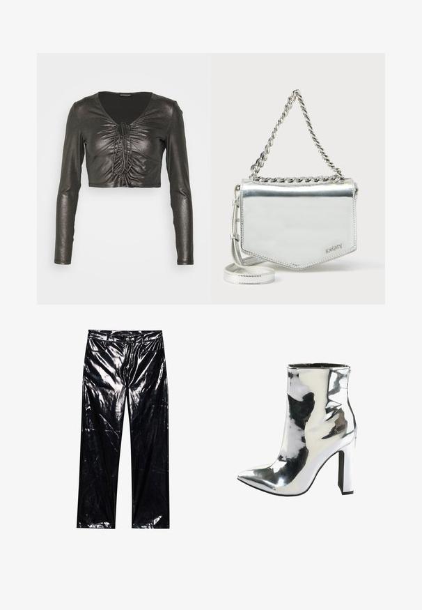 Even&Odd Petite Pikkade varrukatega topp - black/silver; Mustad, kõrgläikega, kunstnahast püksid laiemate jalgadega, klassikalise viie tasku disainiga, nupu ja lukuga sulgemine ning läikiv tekstuur.; Hõbedane patendiga nahast üliõhukene saapad terava varbaga, jäme kõrge konts ja külgvooder, millel on sile ja läikiv tekstuur.; Hõbedane metallikust õlakott kettidega, geomeetrilise kujuga, sileda tekstuuriga ja logoga detailidega. Omab tõmblukuga sulgemist ja dekoratiivõmblusi.