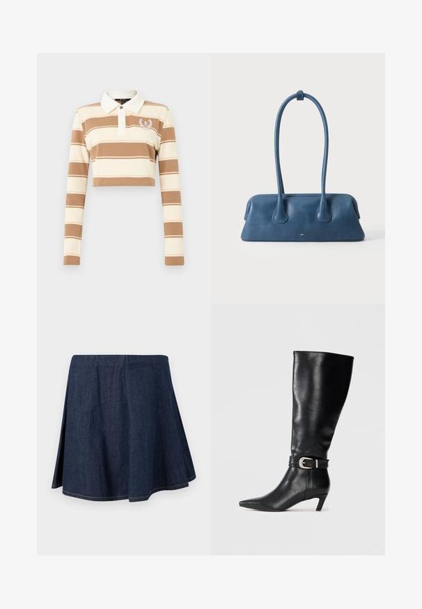 Cropped poloshirt met lange mouwen, beige en crèmekleurige horizontale strepen en een witte kraag, met een klein geborduurd logo op de linkerborst.; Donkerblauwe denim A-lijn rok met zijslitsen en zichtbare stiksels langs de zoom en naden, weergegeven op een effen lichte achtergrond.; Zwarte leren kniehoge laars met een spitse neus en een lage kittenheel, voorzien van een decoratieve zilveren gesp bij de enkel. Gladde textuur.; Blauwe leren handtas met lange handvatten en een rechthoekige bodem, tegen een effen witte achtergrond.