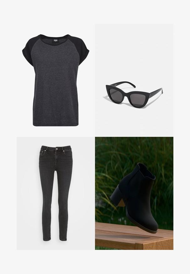 Zwart en donkergrijs T-shirt met korte mouwen, een ronde hals en raglanmouwen. Gemaakt van zachte, geweven stof. Casual pasvorm.; Gina Tricot MID WAIST - Jeans Skinny Fit - black; Zwarte enkellaars met blokhak zwevend boven een houten bank, groene grasachtergrond.; Zwarte cat-eye zonnebril met een matte afwerking, voorzien van grijs getinte glazen, scherpe hoeken en slanke zijarmen. Merkennaam zichtbaar op de binnenarm.