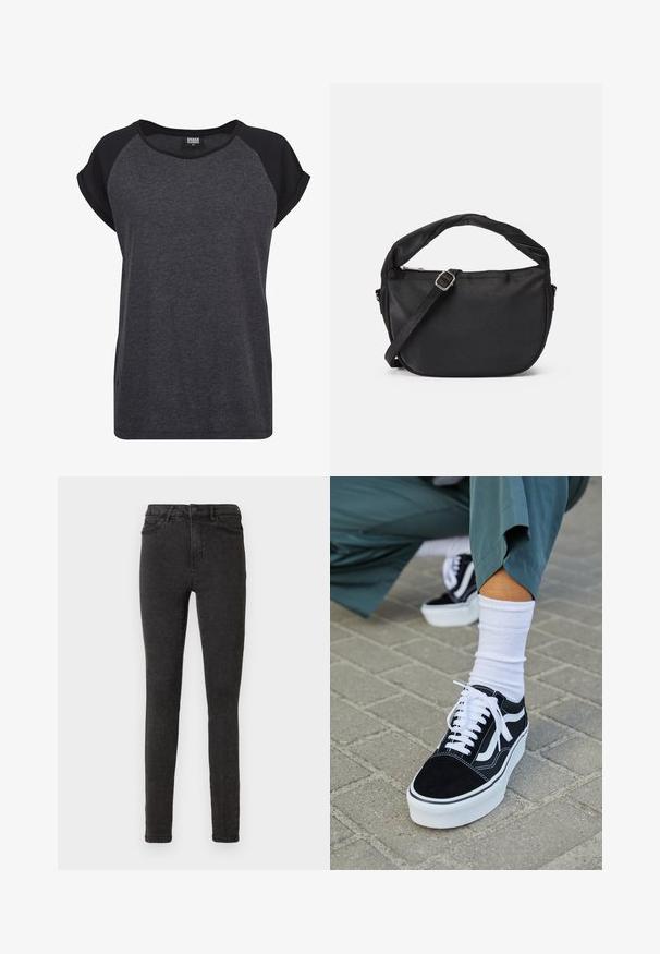Zwart en donkergrijs T-shirt met korte mouwen, een ronde hals en raglanmouwen. Gemaakt van zachte, geweven stof. Casual pasvorm.; Zwarte skinny jeans van denim, met een hoge tailleband, vijf zakken en een subtiele textuur. Machinewasbaar met een ritssluiting.; Zwarte suède sneaker met witte accenten en veters, uitgerust met een dikke witte zool en contrasterende stiksels, gecombineerd met een witte sok.; Zwarte stoffen schoudertas met een gedraaide handgreep, een afneembare schouderband en een ritssluiting aan de bovenkant. Gladde textuur en minimalistisch design.