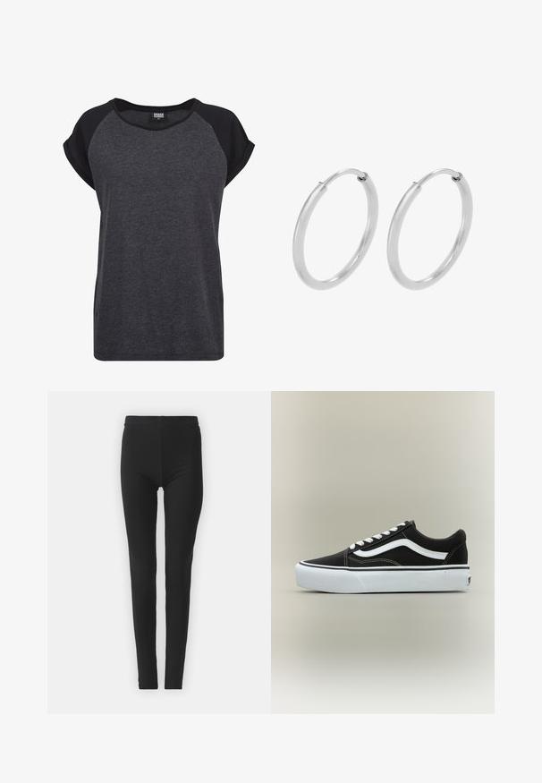 Camiseta de manga corta en negro y gris oscuro con cuello redondo y mangas raglán. Elaborada con una tela suave y texturada. Ajuste casual.; Leggings negros y elásticos con un ajuste ceñido, que cuentan con una cintura alta y una textura suave. Sin patrones visibles ni detalles de hardware.; Zapatilla deportiva negra de corte bajo con raya lateral blanca, cordones blancos, suela de goma blanca y puntera texturizada sobre fondo neutro.; Pendientes de aro de plata, forma circular, textura lisa y brillante, y ancho constante en toda su extensión. Diseño minimalista sin acentos adicionales.