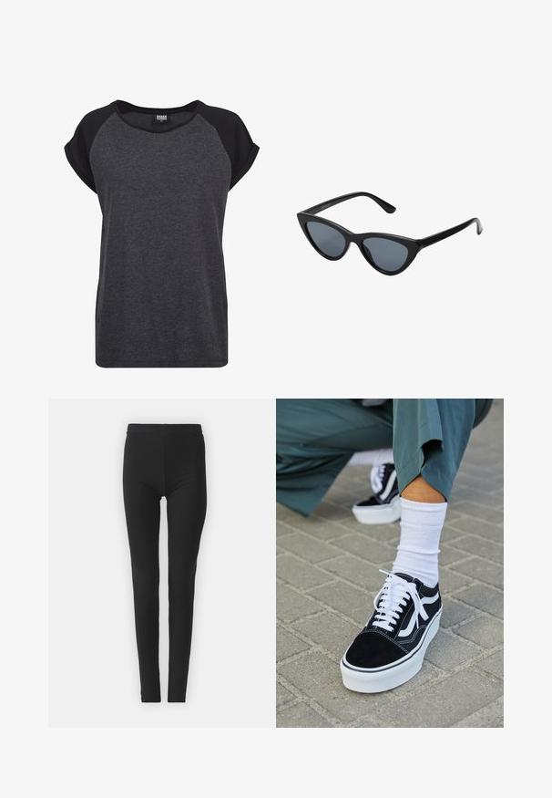 Schwarzes und dunkelgraues Kurzarm-T-Shirt mit Rundhalsausschnitt und Raglanärmeln. Hergestellt aus weichem, strukturiertem Stoff. Lässiger Schnitt.; Schwarze, elastische Leggings mit enger Passform, die einen hohen Bund und eine glatte Textur aufweisen. Keine sichtbaren Muster oder Beschlagdetails.; Schwarze Wildledersneaker mit weißen Akzenten und Schnürsenkeln, ausgestattet mit einer dicken weißen Sohle und kontrastierenden Nähten, kombiniert mit einer weißen Socke.; Schwarze Cat-Eye-Sonnenbrille mit dunkelgrauen Gläsern, schlankem Kunststoffrahmen, spitzen Ecken und geraden Bügeln. Keine sichtbaren Befestigungen oder Akzente.