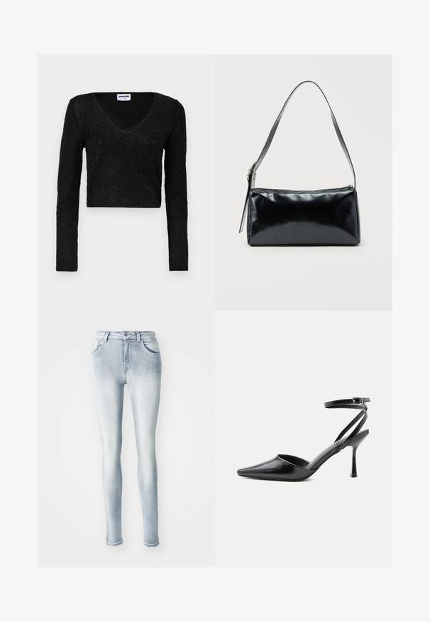 Čierny crop top s dlhým rukávom a výstrihom do V, textúrovaná látka so vzorom a priliehavý strih. Mäkký materiál s jemným leskom.; Svetlo modré slim džínsy vyrobené z denimu, s vysokým pásom, piatimi vreckami a miernym zosvetlením pozdĺž stehien. Opravený detail na leme.; Čierny lodička na vysokom opätku so špicatou špičkou, tenkými remienkami okolo členku a striebornou prackou na jednoduchom svetlom pozadí.; Čierna obdĺžniková kabelka na rameno s jedným nastaviteľným remienkom a horným zipsom na jednofarebnom pozadí.