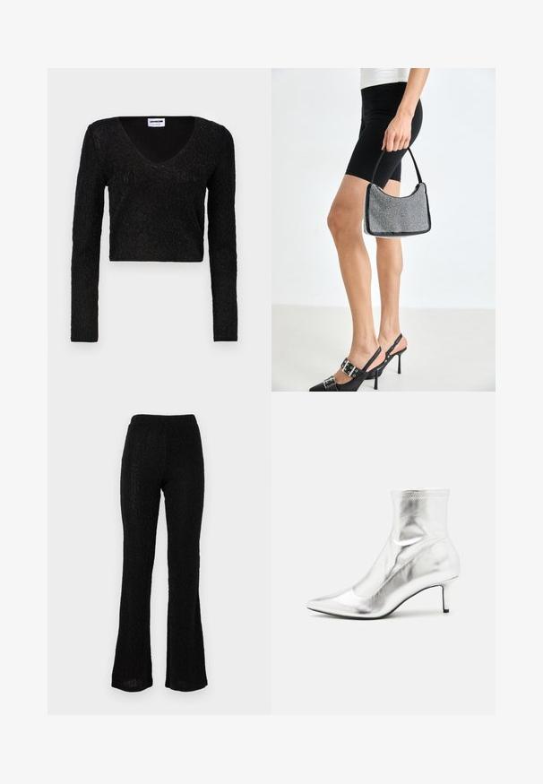 Čierny crop top s dlhým rukávom a výstrihom do V, textúrovaná látka so vzorom a priliehavý strih. Mäkký materiál s jemným leskom.; Čierne rozšírené nohavice vyrobené z textúrovanej tkaniny s jemným vzorom. Elastický pás, ľahké a dlhé prevedenie.; Strieborná metalická členková boot s špicatou špičkou a úzkym podpätkom. Má priliehavý strih a hladkú, lesklúTextúru. Švy na vrchu.; Čierna korálková kabelka s zakriveným siluetom, nosnou rukoväťou a lesklou textúrou. Nosená s vysokými čiernymi topánkami na opätku a priliehavými čiernymi šortkami.