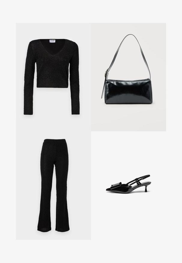 Schwarzes langärmliges Crop-Top mit V-Ausschnitt, strukturiertem Stoff mit Muster und taillierter Passform. Weiches Material mit dezentem Glanz.; Schwarze ausgestellte Hosen aus strukturiertem Stoff mit einem dezenten Muster. Elastischer Bund, leicht und in voller Länge.; Schwarze Lackleder-Slingbacks mit spitzer Zehenpartie, einer Schleifendetail an der Vorderseite und einem kleinen Stiletto-Absatz. Die Riemen haben verstellbare Schnallen.; Schwarze rechteckige Schultertasche mit einem verstellbaren Riemen und einem oberen Reißverschluss vor einfachem Hintergrund.