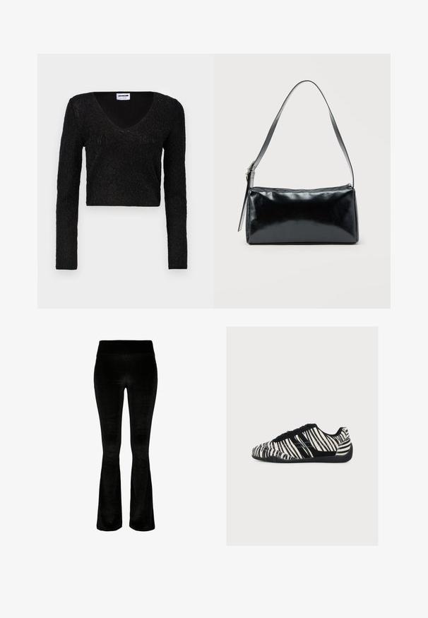Top corto de manga larga negro con escote en V, fabricado en un tejido texturizado con un patrón y un diseño ajustado. Material suave con un brillo sutil.; Pantalones acampanados negros en tejido suave de terciopelo. Cintura alta y textura lisa. El diseño presenta un corte acampanado desde la rodilla hacia abajo.; Zapatilla deportiva de perfil bajo con rayas de cebra en blanco y negro, cordones negros y suela negra texturizada sobre fondo blanco.; Bolso de hombro rectangular negro con una correa ajustable y un cierre de cremallera superior sobre un fondo liso.