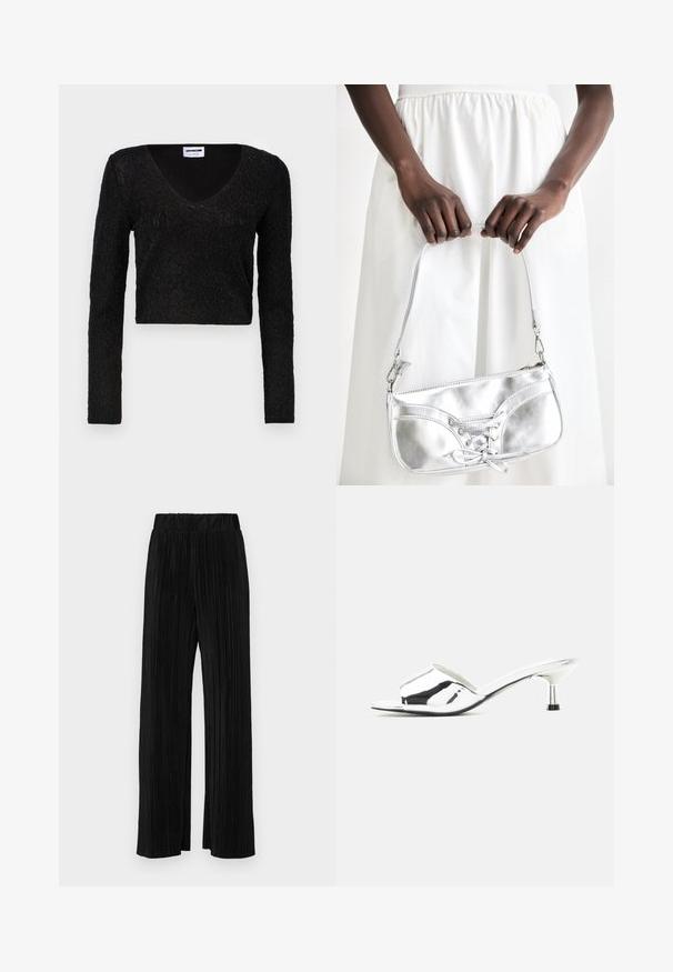 Crop top noir à manches longues avec un décolleté en V, en tissu texturé avec un motif, et un design ajusté. Matière douce avec un léger éclat.; Pantalons plissés noirs avec une taille élastique. Présente des jambes larges et un tissu lisse texturé avec des rayures verticales.; Sandale argentée à bout ouvert, mule avec petit talon kitten et finition métallique brillante sur fond neutre.; Sac à main en métal argenté avec un détail à lacets, arborant un design épuré et une courte sangle. Le sac est tenu dans les mains, mettant en valeur sa texture.