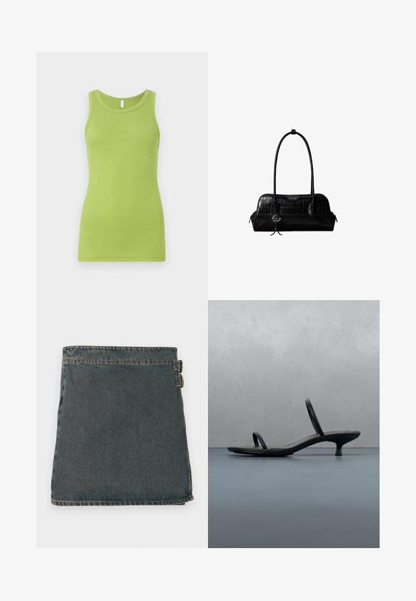 Débardeur vert en coton côtelé, avec un col rond et sans manches. Texture lisse avec une coupe ajustée.; Jupe en denim bleu foncé avec une surface texturée, dotée de deux boucles latérales et d'un ourlet droit. Coutures visibles le long des bords.; Sandale à talon Calvin Klein noire avec des lanières fines, posée sur des carreaux en bois en plein air près d'un mur et de la verdure.; Sac à épaule en cuir noir à texture crocodile, avec de longues sangles et un petit charm logo argenté sur une sangle.