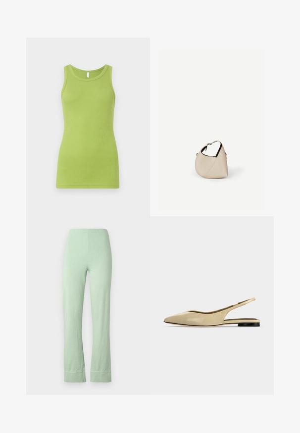 Roheline tank top ribbed puuvillast, millel on ümmargune kaelus ja ilma varrukateta disain. Sile tekstuur ja sobiv kuju.; Heledad rohelised puuvillased püksid, millel on elastne vöökoht, lühike pikkus ja veidi laienev istuvus. Lõpptootel on puhas õmblus.; Beež värvi terava nina, madala musta kontsaga ja sileda nahkpinna ning rihmaga tasapinnaline king side-vaates tavalise taustaga.; Beežist nahast poolkuukujuline õlakott, millel on üks õlarihm ja minimaalne õmblemine, valgel taustal.