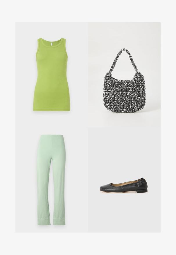 Roheline tank top ribbed puuvillast, millel on ümmargune kaelus ja ilma varrukateta disain. Sile tekstuur ja sobiv kuju.; Heledad rohelised puuvillased püksid, millel on elastne vöökoht, lühike pikkus ja veidi laienev istuvus. Lõpptootel on puhas õmblus.; Mustad nahast baleriinijalatsid ümmarguse varba ja minimaalse õmblusega. Madal, ruudukujuline konts ja sile tekstuur. Diskreetne sisepinna detail.; Mustri kott musta ja valgega, ümar kuju, tekstureeritud pind ja punutud käepide. Sobib igapäevaseks kasutamiseks.