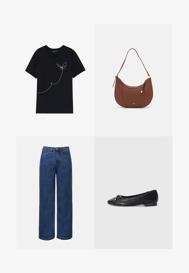 Sort bomulds T-shirt med korte ærmer, med en hvid linjetegning af en sommerfugl og spiral design på forsiden. Rund halsudskæring.; Mørkeblå denim bukser med bred benvidde og høj talje, der har knaplukning, bæltestropper samt for- og baglommer. Glat tekstur.; Sort læder balletflade med spids tå, med en lille sløjfedetail og gyldne accenter, samt en lav, rund hæl.; Brun faux læder skuldertaske med buet form, minimal syning og en guldtonet hardwaredetalje. Har en top lynlåslukning og justerbar rem.