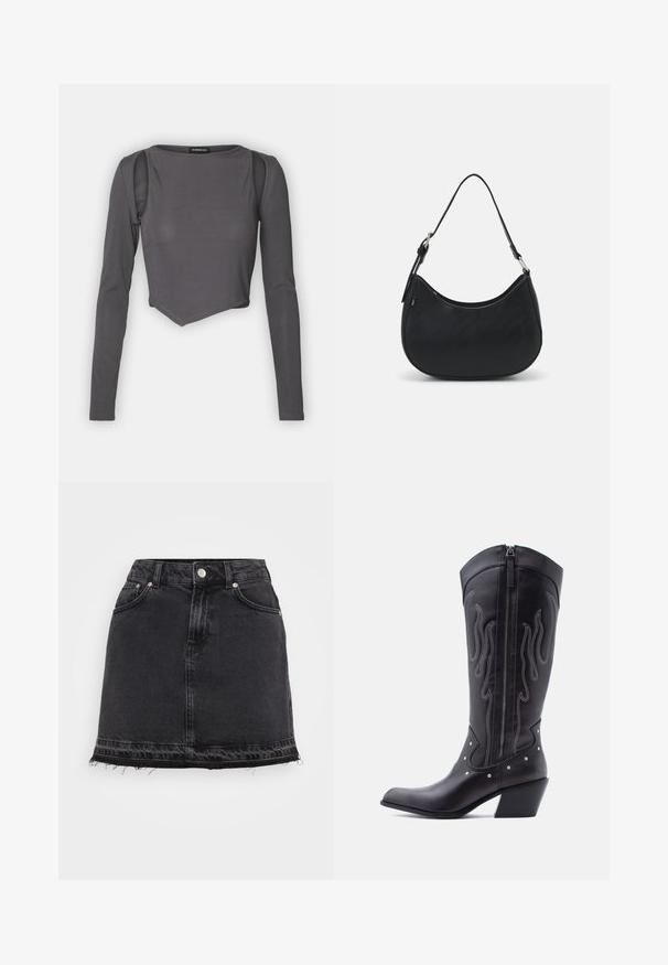 Grå langærmet cropped top med ribbet tekstur, der har en rund halsudskæring og udskæringer på skuldrene, hvilket giver en lagdelt designeffekt.; Sort denim mini nederdel med en lige silhuet, som har forlommer, metalknaplukning og frynset kantdetalje.; Sorte cowboystøvler i læder med spids tå, synlige sømme, sølvfarvede nitte-detaljer og lynlås på den indvendige side.; Sort hobo taske lavet af glat læder med en buet silhuet, der har en enkelt justerbar skulderrem og minimalistiske designdetaljer.