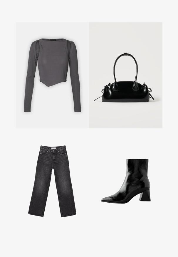 Grijze lange mouw cropped top met ribbeltextuur, voorzien van een ronde halslijn en uitsparingen op de schouders voor een gelaagd ontwerp effect.; Zwarte wijde spijkerbroek met voorzakken en knoopsluiting, maatlabel 38 zichtbaar op de tailleband.; Zwarte enkelboot met een glanzende afwerking, spitse neus en een chunky vierkante hak. Gladde textuur met een strakke, minimalistische uitstraling.; Kleine zwarte glanzende handtas met twee lange hengsels en zijkant trekkoord details op een effen lichte achtergrond.