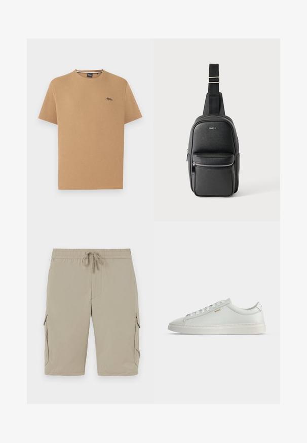 Beige kortærmet wafflestrikket T-shirt med rund hals og lille sort "BOSS" logo på venstre bryst.; Beige cargo shorts med elastisk talje og snor. Har sidelommer og et glat, let stof.; Hvid lavtop lædersneakers med snørebånd, flad sål og lille gyldent "BOSS" logo på siden, set fra ydersiden.; Sort lædertaske med justerbar rem, lynlåslomme foran og "BOSS"-logo på en glat tekstureret overflade.
