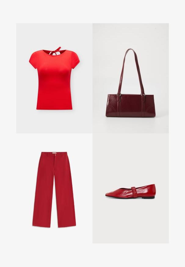 Haut rouge cintré à manches courtes avec un col rond et un détail noué dans le dos sur un fond uni gris clair.; Pantalon rouge à jambes larges avec fermeture à bouton et fermeture éclair, passants pour ceinture et poches latérales, présenté à plat sur un fond blanc.; Chaussure plate rouge avec un bout carré arrondi et une seule sangle étroite sur le milieu du pied sur fond blanc.; Sac à main bordeaux en matériau brillant, de forme rectangulaire, avec deux anses et des accents légèrement courbés à l'avant.