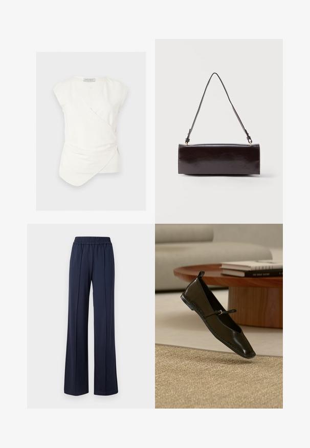 Hvid ærmeløs top med slå-om-stil, asymmetrisk kant og let drapering, mærket Anna Field, vist på ensfarvet baggrund.; Mørkeblå, bredbenede bukser med elastisk talje, lavet af et blødt, glat stof. Har rene linjer og en afslappet silhuet.; Sort Mary Jane flad sko i læder, svævende over et beige vævet tæppe med et rundt træbord og stablede bøger i baggrunden.; Rektangulær sort læderhåndtaske med en enkelt lang rem og blank finish, vist mod en ensfarvet hvid baggrund.