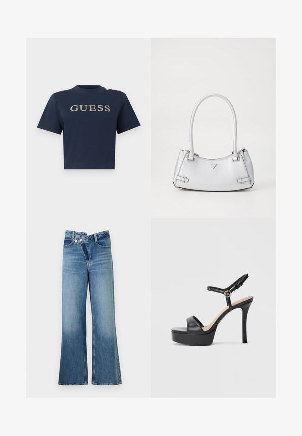 Marineblå kortærmet cropped top med gyldent "GUESS" logo på fronten og tre gyldne knapper på venstre skulder.; Lysblå denim flared jeans med høj talje, der har to knapper og forlommer. Stoffet har en falmet struktur med subtile variationer.; Sorte platformsandaler med høj stiletthæl, der har en glat læderoverdel, peep toe-design og en justerbar ankelrem med metalbeslag.; Sølv håndtaske med et struktureret design, der har to håndtag, en skinnende overflade, accenthardware og et trekantet logo på fronten.