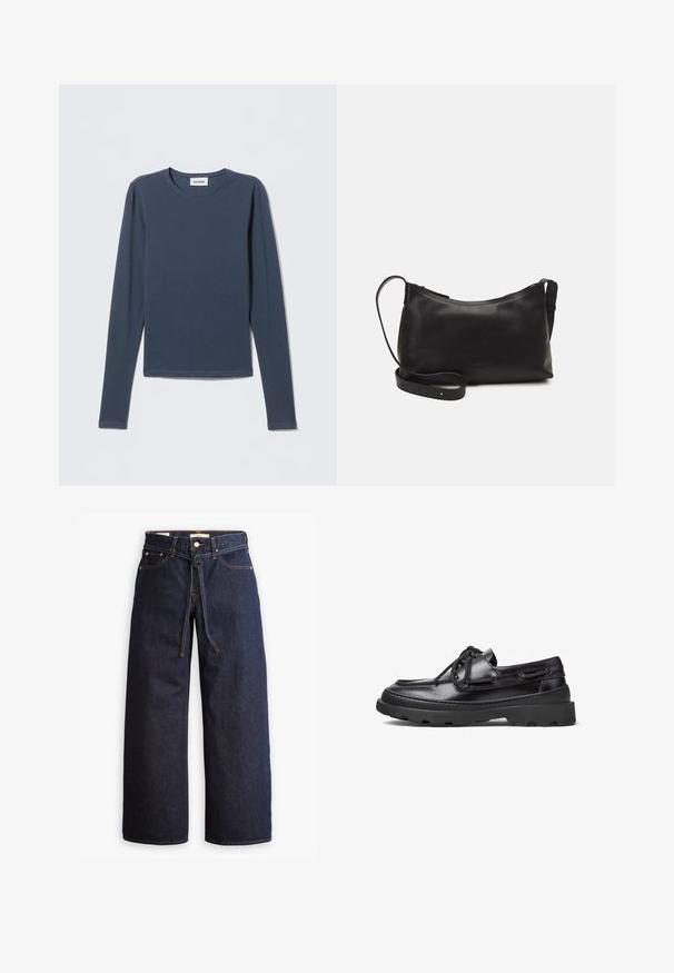 Langærmet skjorte i marineblå, lavet af blød bomuld. Har rund halsudskæring og simpelt, grundlæggende design uden mønstre eller detaljer.; Bredde ben mørkeblå denim jeans med høj talje, der har snoretræk, fem lommer og kontrastsyet detaljer.; Sorte læder bådsko med rund tå, snørebåndsdesign, syninger og en kraftig gummisål med et tekstureret grebmønster.; Sort læder skuldertaske med en glat tekstur, buet form, justerbar rem og lynlås. Minimalistisk design uden udsmykninger.