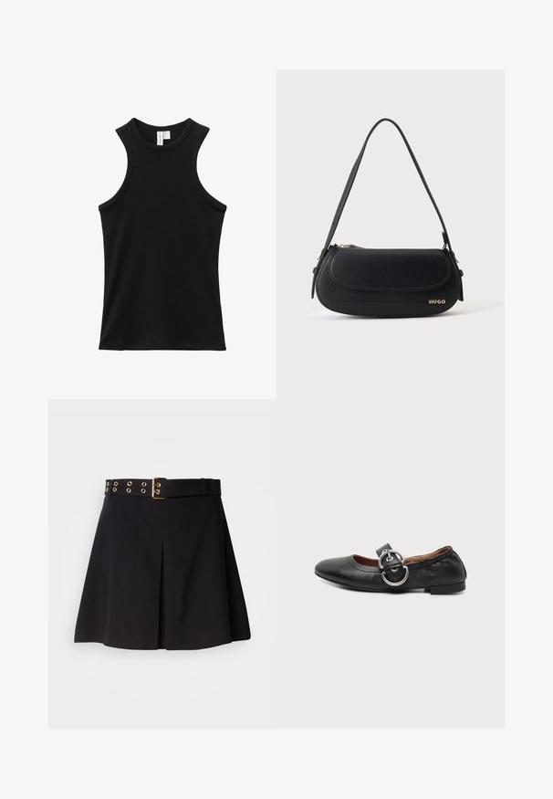 Schwarzes ärmelloses geripptes Tanktop mit hohem Rundhalsausschnitt und leichtem Racerback-Armloch.; Schwarzer plissierter Rock mit einem breiten Gürtel, der goldene Metallbeschläge und Ösen-Details aufweist, aus glattem Stoff gefertigt und für eine taillierte Passform konzipiert.; Schwarzer flacher Lederschuh mit abgerundeter Spitze und großem silbernem Doppelring-Schnallenriemen oben.; Schwarze Lederschultertasche mit geschwungener Klappe, goldenem "HUGO" Logo auf der Vorderseite und einem verstellbaren Riemen.